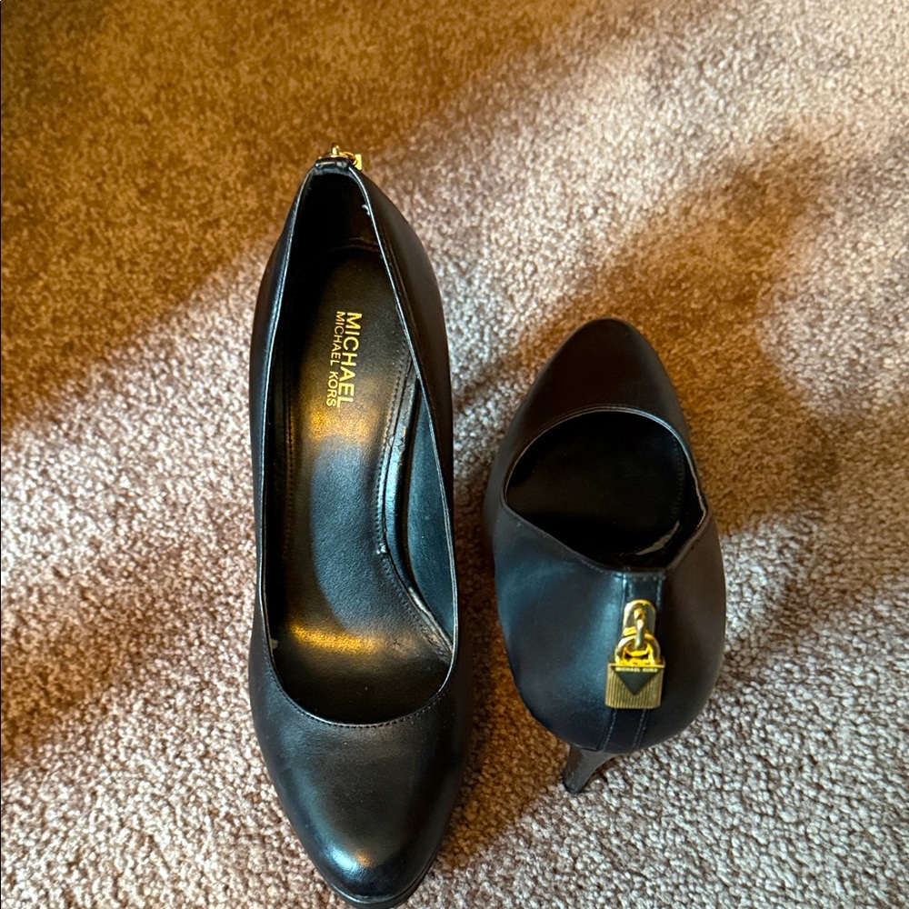 Michael Kors Black Leather Heels with Gold Accent